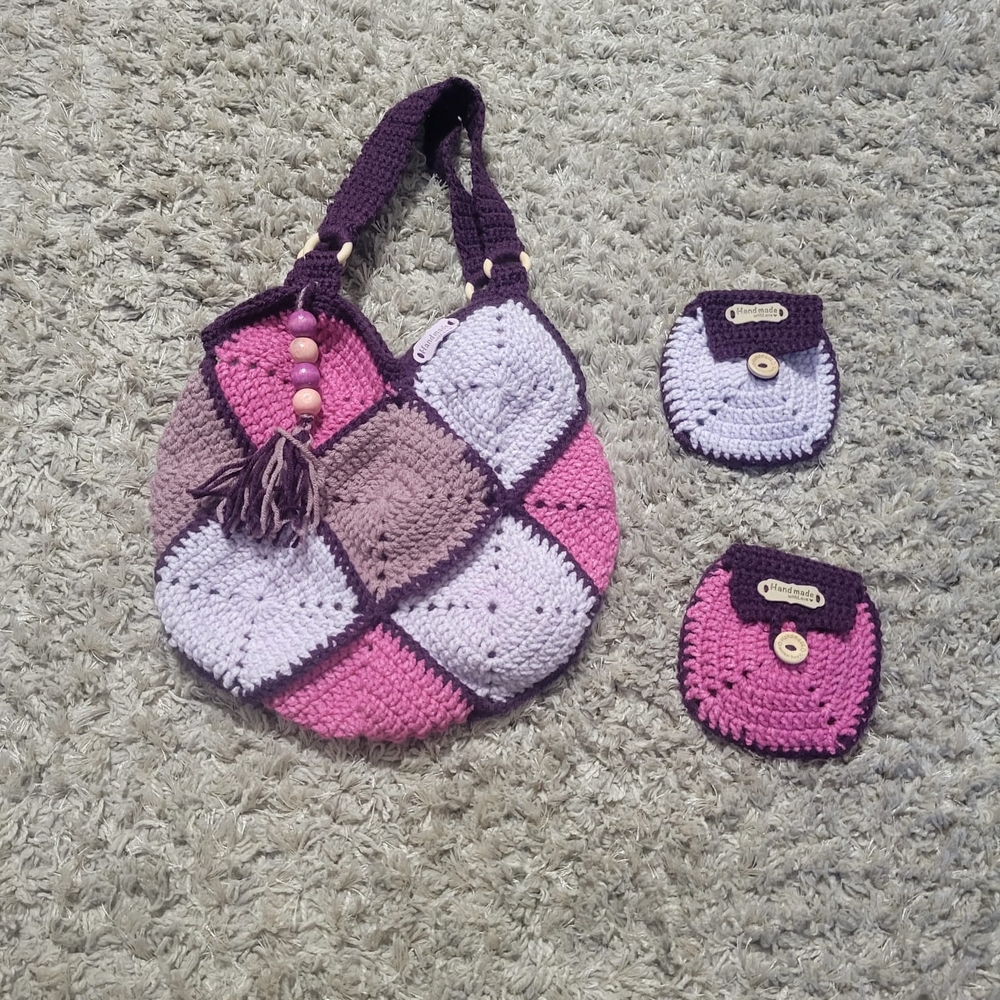 Handcrafted Purple and Pink Crochet Bag Set